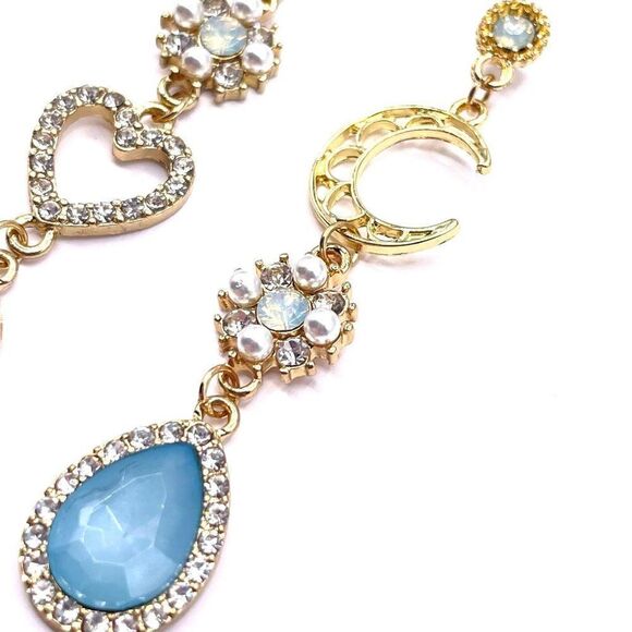 Yellow Gold with Blue and White Crystal Heart Moon Mismatch Post Back Earrings - Picture 4 of 7